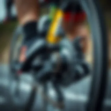 Close-up of a cyclist's bike gears in action