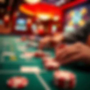 A close-up of a gaming table with cards and chips