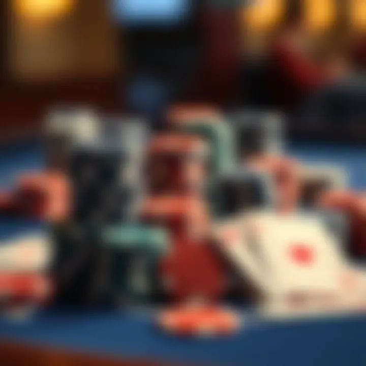 An assortment of poker chips and cards on a gaming table
